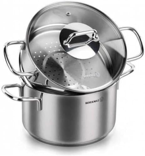 Korkmaz Perla A1522 - Vaporizador de acero inoxidable con tapa de cristal, 5 cuartos de galón, para cocinar, doble caldera