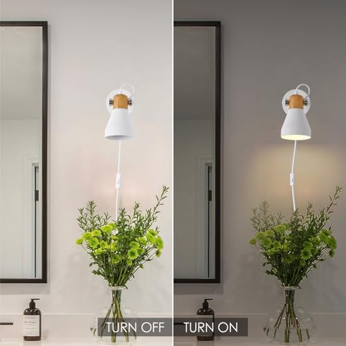 Image of Modern Plug-in Wall Sconces, Matte White | Adjustable Reading Light, Natural Wood Accent, For Bedroom, Living Room, Home Office