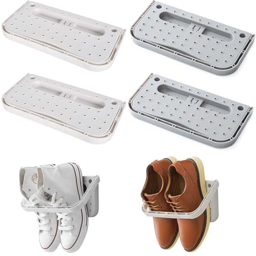 Colexy Zapatero plegable montado en la pared, 4 unidades, sin agujeros, zapatero montado en la pared, color blanco, soporte para zapatos de plástico, zapatero plegable para puerta de entrada, baño,