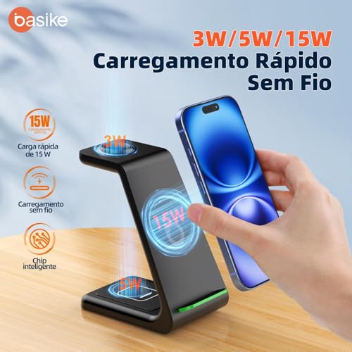 Basike Carregador Sem Fio, 15W/3 em 1 Estação de Carregamento Rápido, Compatível com iPhone16/15/14/