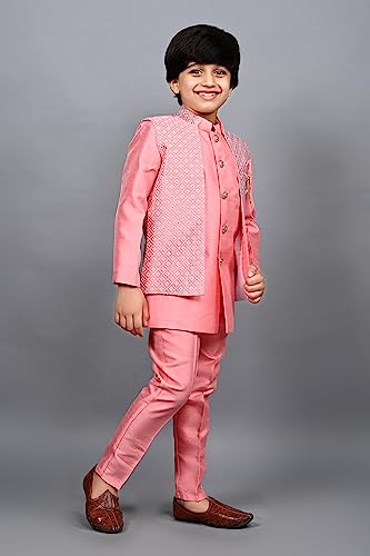 Image of AHHAAAA Kids Ethnic Silk Blend Waistcoat Kurta Pyjama 3 Piece Sherwani Set For Boys |540|