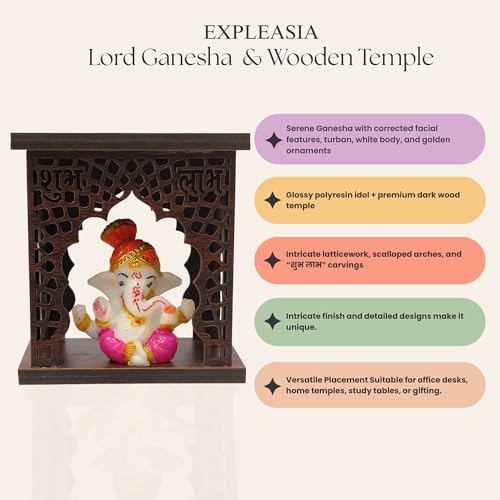 Image of EXPLEASIA Pagadi Ganesha Idol with Wooden Temple with Rakhi for Home mandir Temple car Dashboard Gift Items Festival Item showpiece