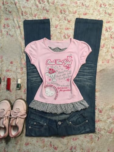 Image of Kawaii Cutecore Harajuku Y2k 2000s Tops Summer Preppy Aesthetic Alt Goth Emo Short Sleeve Graphic Tees