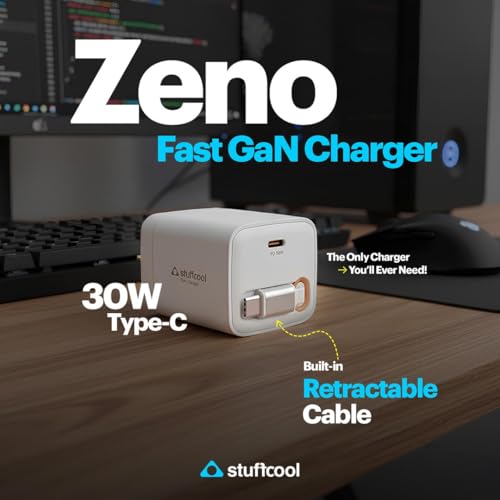 Image of Stuffcool Zeno 30W GaN Type C Fast Charger Retractable Cable 75cm PD PPS iPhone Pixel Samsung Super Fast Charging Made in India