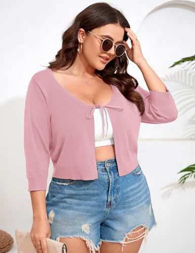 Image of ShopWonder Women's V-Neck Tie Front Shrug 3 /4 Sleeve Rib-Knit Cardigan Sweater Crop Top