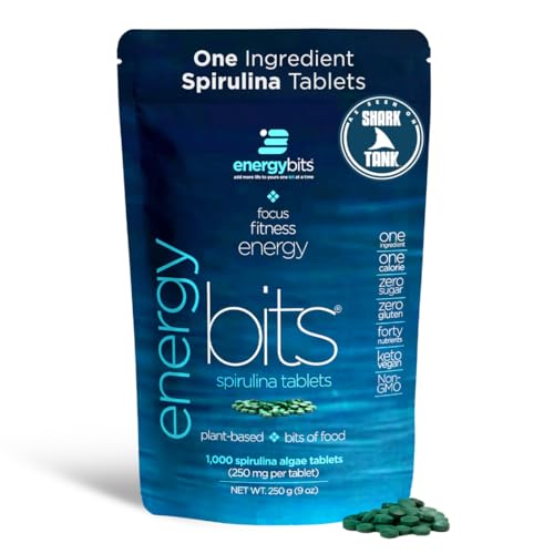 ENERGYBITS Organic Spirulina Tablets (1000 Algae Tablets) Natural Superfood for Energy Fitness & Focus - 5g Protein 1 Calorie Sugar Free - Omega 3 - Spirulina Capsules - Gluten Free Keto & Vegan