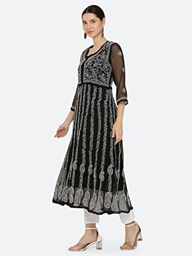 Image of FAWOMENT Women's Georgette Yok Anarkali Kurta with Intricate Lucknowi Chikankari Fine Hand Crafted Embroidery