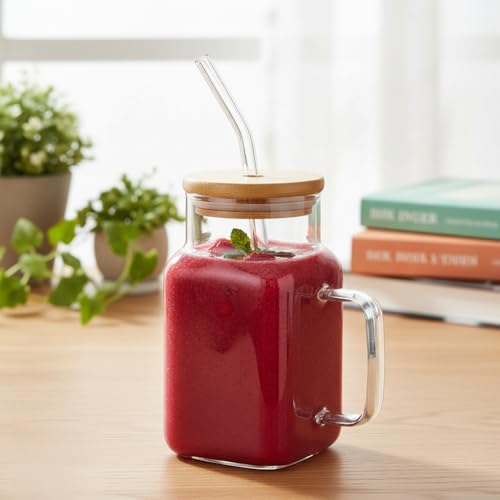 Image of ginoya brothers 600ml Mason Jar with Natural Bamboo Lid, Reusable Glass Straw & Handle | Leak-Proof Silicone Seal Glass Cup for Hot & Cold Beverages (PACK OF 1)
