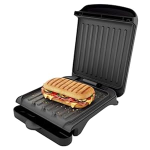 OVENTE 2-Serving Electric Indoor Grill & Panini Press with Easy Clean Non-Stick Plate Coating, Opens 180 Degrees, 8.15" x 7.4" Space Saving Design, 750W Contact Grill for Burgers & More, Black GP222B 4 41BuvdW7sOL. SS300