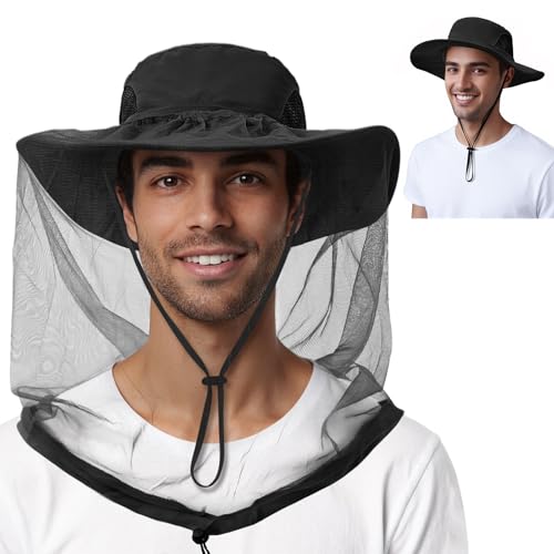 Black Fishing Hat with Hidden Mosquito Net Bug Net Bee Keeper Hats with Veil Bucket Hat for Men Women Sun Protection for Outdoor Activities