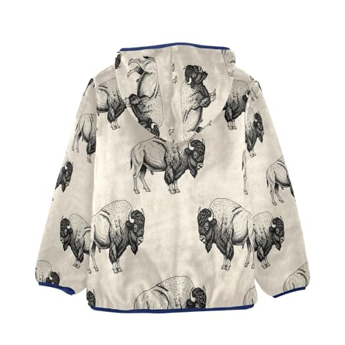 Bison Pattern Print on Cream Toddler Fleece Jacket Girl Boys Hooded Fleece Jacket Coat Warm Outwear Zip-up 3-10T2