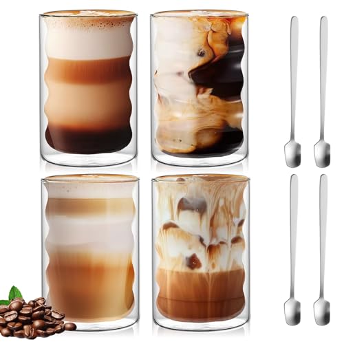 Latte Macchiato Gläser Doppelwandig, 400ml 4er Pack Doppelwandige Kaffeegläser mit 4 Löffeln, Cappuccino Gläser Tassen, Espressotassen,...