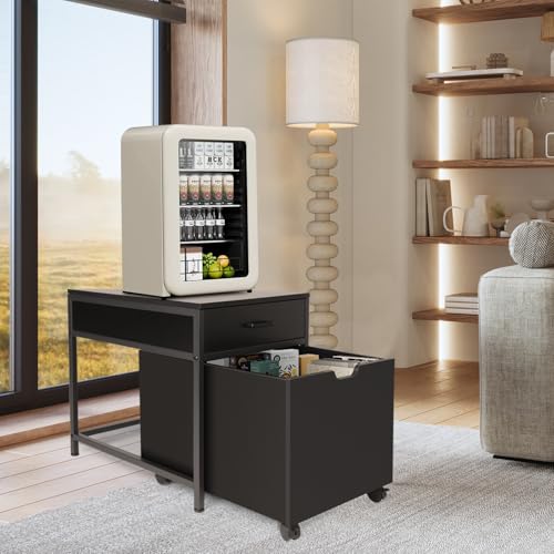 Fridge Stand with Storage and Drawer, Mini Fridge Table with Wheel, Mini Fridge Cabinet 220LBS Capacity for Office,Bedroom, Dormitory, Black