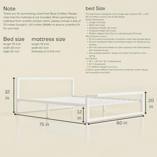 Image of Queen Size Metal Bed Frame | Queen Metal Bed | Queen Iron Bed | QueenSize Steel Bed | Heavy Duty Platform Bed | Wrought Iron Bed | Double Bed Cot | Steel Slats | No Box Spring Needed |White