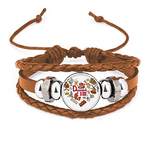 Bracelet en cuir Danemark avec motif drapeau et cœur pour passionnés