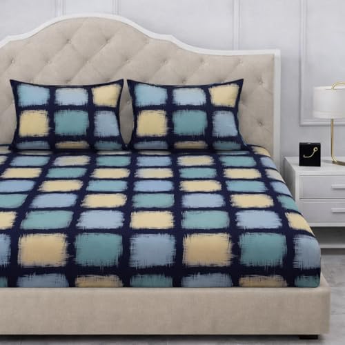 Image of 300 TC Cotton Feel Glace Cotton Elastic Fitted Bedsheet for King Size Double Bed | Fits up to 8 Inch Mattress | Printed Bedsheet with 2 Pillow Covers (Navy Blue, King Size - 72 inchx78 inch)