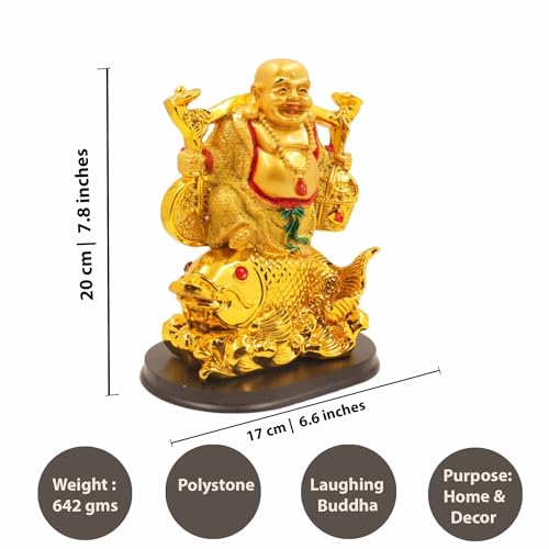 Image of Spillbox Resin Golden Happy man Statue|Laughing Buddha|Feng Shui|Show Piece|Gift Item |Vastu|Decorative Showpiece for Home Decor|Office Desk Table (Happy Man Fish for Health)