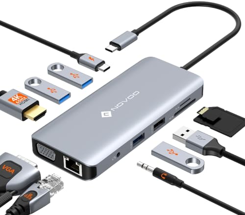USB C HUB Multiport Adapter, NOVOO R11 11 in 1 USB C Dock, 4K@60 HDMI, 4 USB-A Data Ports, SD/TF, 1Gbps Ethernet, VGA, 3.5mm Thunderbolt Docking Station Dongle for MacBook, Dell, HP, Lenovo,ASUS USB C HUB Multiport Adapter, NOVOO R11 11 in 1 USB C Dock, 4K@60 HDMI, 4 USB-A Data Ports, SD/TF, 1Gbps Ethernet, VGA, 3.5mm Thunderbolt Docking Station Dongle for MacBook, Dell, HP, Lenovo,ASUS