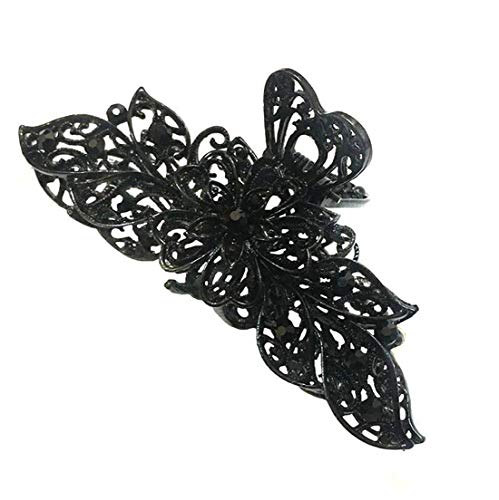 Pinza para el cabello Fodattm Lady Women Negro Retro con flores, clip para el cabello vintage con pedrería, aleación, tamaño grande, para cabello grueso miniatura 1