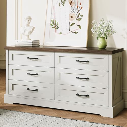 AODK Farmhouse 6 Drawer Dresser for Bedroom White 59 Wide Engineered Wooden Chest of Drawers with Thick Board Metal Handles Modern Storage Cabinet for Living Room Entryway Walnut Top