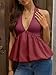 Tankaneo Womens Deep V Neck Halter Tank Tops Summer Trendy Casual Bubble Hem Tie Back Sleeveless Shirts Wine Red