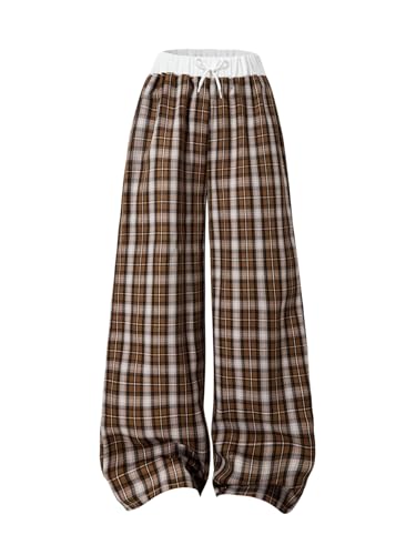 OYOANGLE Girl's Gingham Pants Elastic Waist Tie Front Straight Leg Plaid Trousers Cute Bottoms