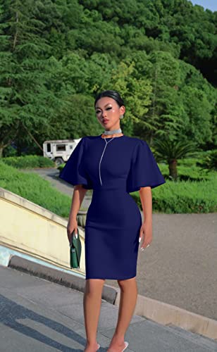 Image of Memoriesea Women's Basic Bodycon Ruffle Flared Short Sleeve Pencil Midi Dress