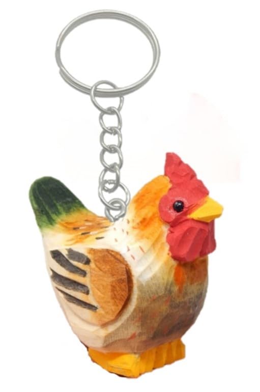 Selsela Brown Hen Chicken Wooden Keychain - Hand-Carved Wooden Miniature Farm Bird Figurine Charm with Ring & Clip. Rustic Animal Lover Gift