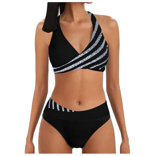 Conjunto de bikini para mujer con cuello halter y estampado de dos piezas, bañador de dos piezas, tirantes ajustables, almohadillas extraíbles, playa, piscina, vacaciones, ajuste favorecedor para la