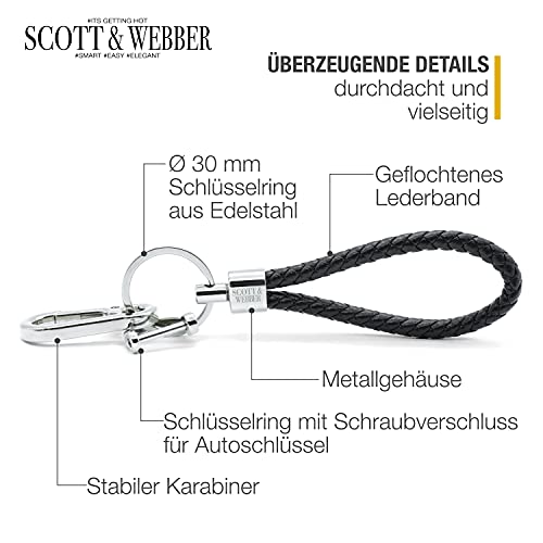 Scott & Webber® - Schlüsselanhänger aus geflochtenem Leder mit Edelstahl Schlüsselring, Karabiner und Schraubverschluss ideal für Autoschlüssel - für Männer und Frauen