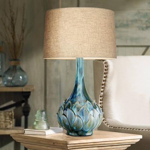 Possini Euro Design Kenya Modern Tropical 3-Way Table Lamp with Dimmer 29 1/2" Tall Blue Green Glaze Ceramic Beige Linen Drum Shade for Bedroom Living Room House Home Bedside Nightstand Office