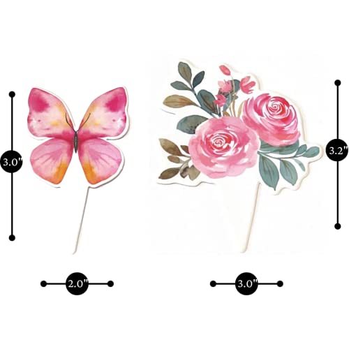 48 Pcs Butterfly & Rose Cupcake Topper Picks With Pink Cupcake Decorative Wrappers - Baby Shower | Girl’s Birthday Party | Bridal Shower | Valentine’s Day | Wedding Anniversary #TOP3