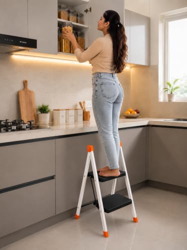 Image of CIPLA PLAST Polo 2-Step Foldable Ladder for Home & Office | Heavy Duty Anti-Slip Wide Steps | Lightweight Aluminium Step Stool | Safety Lock & Non-Slip Feet | Multi-Purpose Folding Ladder