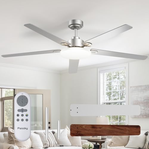 Image of Passky Ceiling Fans with Lights, 60 inch Sleek Ceiling Fan with Light and Remote Control, 3CCT, Dimmable, Reversible, Noiseless, Silver Ceiling Fan for Bedroom, Living Room