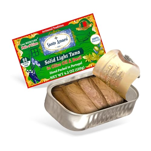Image of Santo Amaro - Artisanal Wild Tuna Fillets in Olive Oil & Basil, Pole & Line Wild Caught Tuna from Portugal Hand-Packed Venice-Style! Canned Tuna Fish, 22g Protein, Paleo, Keto, Low Mercury, Pack of 3