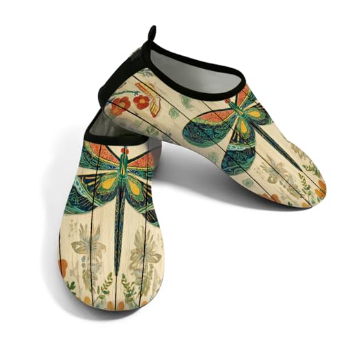 Zapatos de agua para mujer y hombre, diseño de flor de libélula, zapatos de playa, calcetines de natación de secado rápido, Libélula de flor de grano de madera, 37.5/38.5 EU