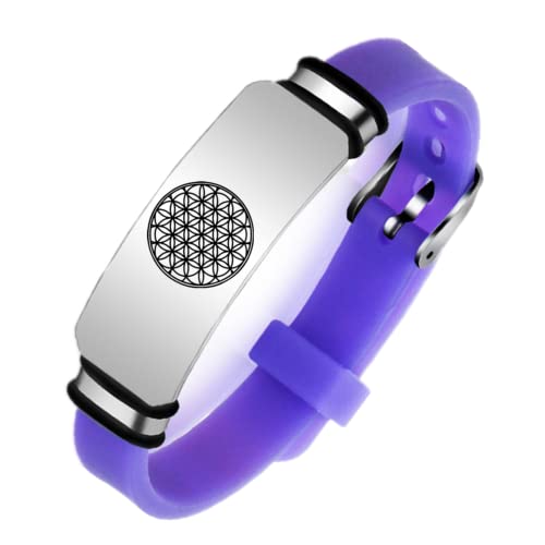 Pulsera budista de silicona con diseño de flor de la vida, diseño de geometría sagrada, regalo para meditación, protección y curación, ajustable, color morado, Acero inoxidable Silicona