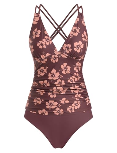 Image of ZAFUL Womens Tankini Swimsuits V Neck Push Up Swim Top Color Block Tummy Control High Waisted Bathing Suits Swim Bottom