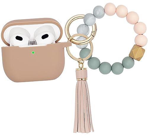 Koujaon Compatible with AirPods 3 Case Cover Soft Silicone Skin Case for AirPods 3rd Generation with Bracelet Keychain for Women (Milk Tea)