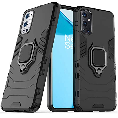 Image of WOW IMAGINE Shock Proof Back Case Mobile Cover for 1+ OnePlus 9 Pro 5G (Armor | Hybrid PC + TPU | Full Protection with Ring Holder Kickstand | Carbon Black)