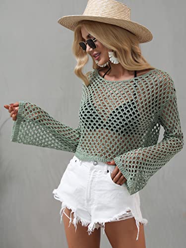 Image of Women Crochet Hollow Out Sweater See Through Fishnet Knit Pullover Cropped Tops