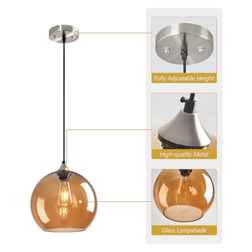 Image of Amber Glass Pendant Lights Kitchen Island Globe Pendant Light Fixtures Modern Pendant Lighting for Bedroom Living Dining Room Light Fixture (9.84 in, 3 Pack)