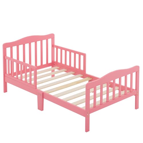 UDeuxff Wooden BedBedroom Furniture with Safety Guardrails (Pink)