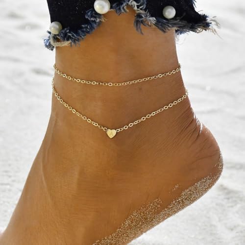 Image of Turandoss Heart Initial Ankle Bracelets for Women, 14K Gold Filled Handmade Dainty Layered Anklet Letter Initial Heart Ankle Bracelets for Women Beach Jewelry Gifts