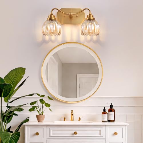 Image of Vintage Gold 2-Light Vanity Lights, Tulip Crystal, Antique Brass Finish | Brushed Gold Bathroom Light Fixtures, Amber Wall Sconce Ideal for Bedroom, Living Room, E26 Compatible, Easy Install