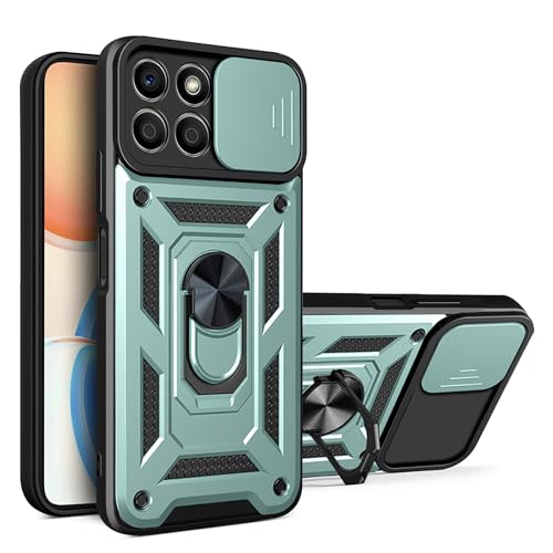 ESTH Case for Honor X6a with Slide Camera Cover Military Grade Shockproof Protective Cover with Rotatable Metal Ring Kickstand [Support Magnetic Car Mount] Green