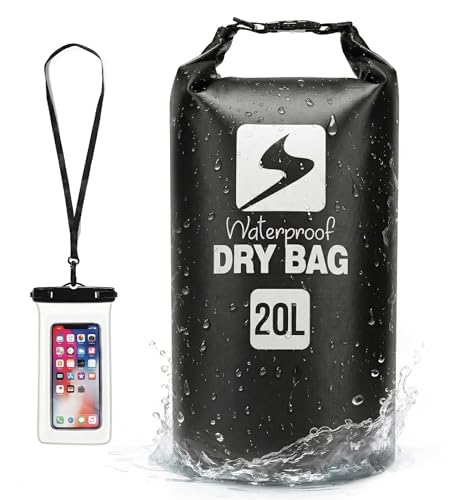 Image of Soulsfeng Waterproof Dry Bag Backpack, Roll Top Floating Dry Storage Bag with Phone Case, Lightweight Dry Sack for Kayaking, Boating, Beach, Travel, Camping 20L, Black