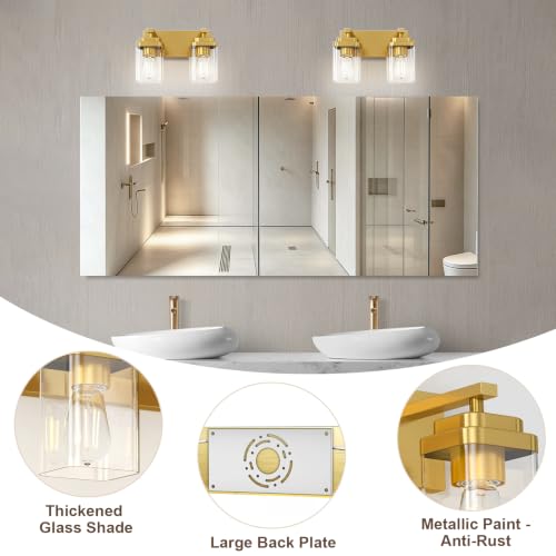 Image of Brushed Gold Bathroom Light Fixtures, 2 Lights Bathroom Lighting Fixtures Over Mirror, Square Design & Rectangle Large Backplate, Modern Vanity Lighting Fixtures, for Living Room /Bedroom