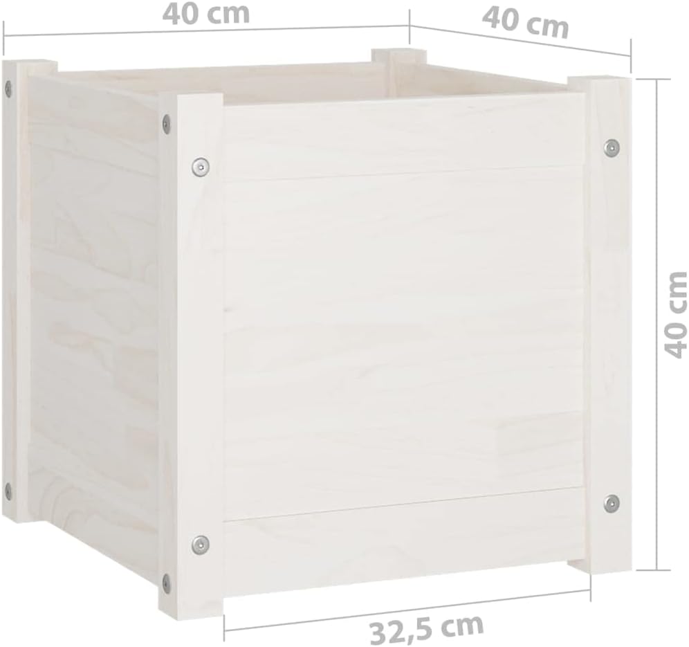 Rustic White Wooden Planter Box 15.7 x 15.7 x 15.7 in Solid Pinewood Raised Garden Bed Indoor Outdoor Square Flower Pot for Patio Balcony Terrace