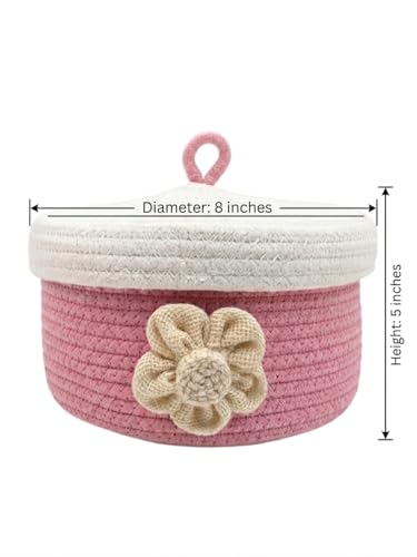 Image of Round Cotton Storage With Lid Gift Basket for Closet Wardrobe Packing, Wedding Organizer, Eco- Friendly Bins Organizer (Pink and White) for Home, Office with Handcrafted Jute Flower.